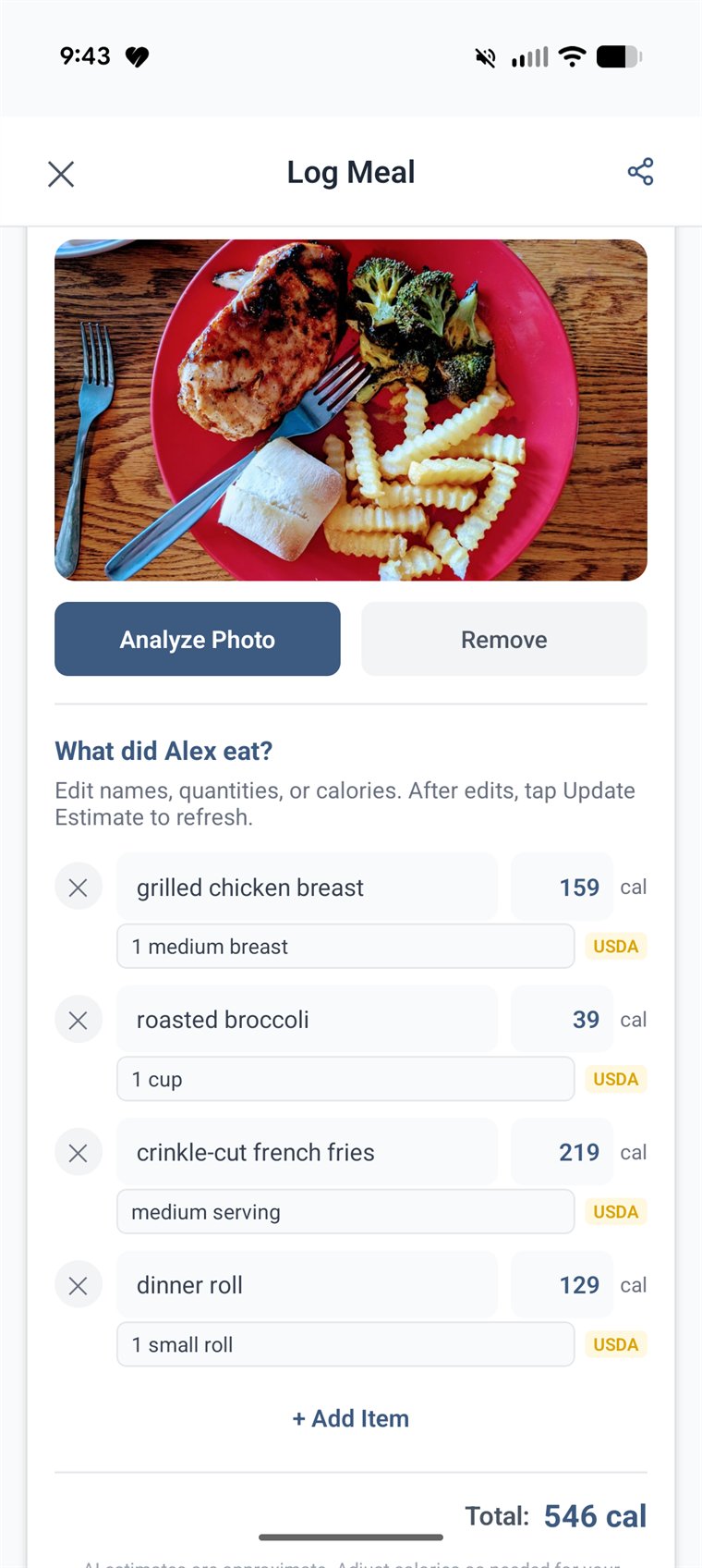 The same meal, itemized automatically: grilled chicken breast 159 cal, roasted broccoli 39 cal, crinkle-cut french fries 219 cal, dinner roll 129 cal — each matched to USDA — totaling 546 calories.
