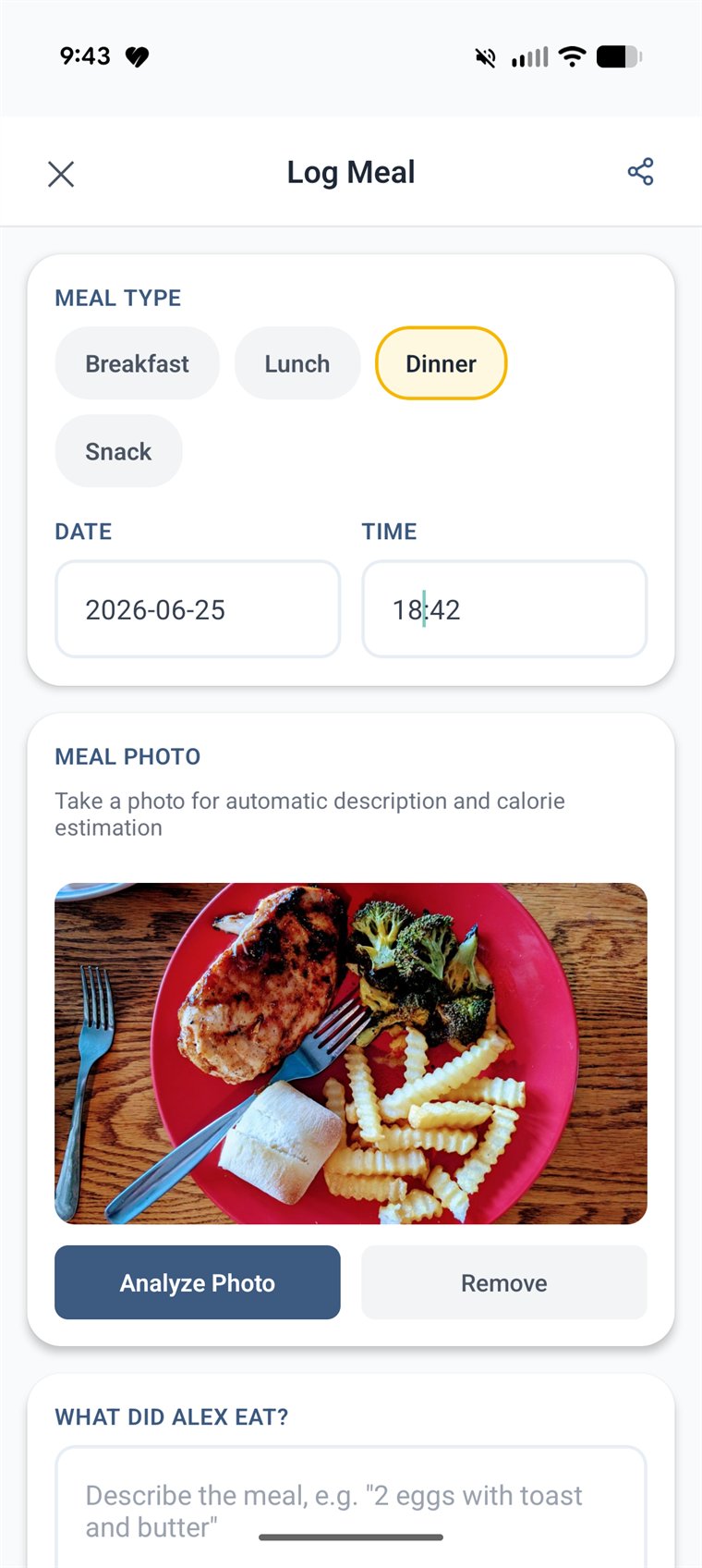 Logging a meal in Let's Kill Ed: a photo of a dinner plate with chicken, broccoli, fries, and a roll, ready to analyze.