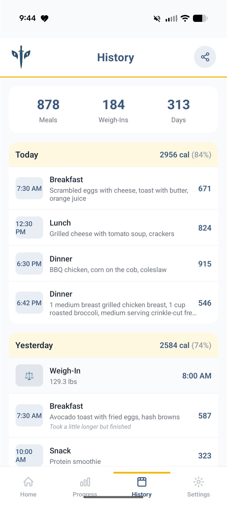 History screen in Let's Kill Ed: meals and weigh-ins organized by day, each with a calorie total.